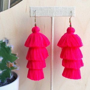Long Cotton Tassel Earrings in Watermelon Hot Pink